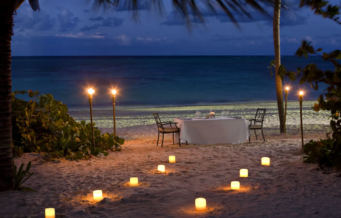 Photo wallpaper beach, the ocean, romance, the evening, candles, beach, ocean, sunset