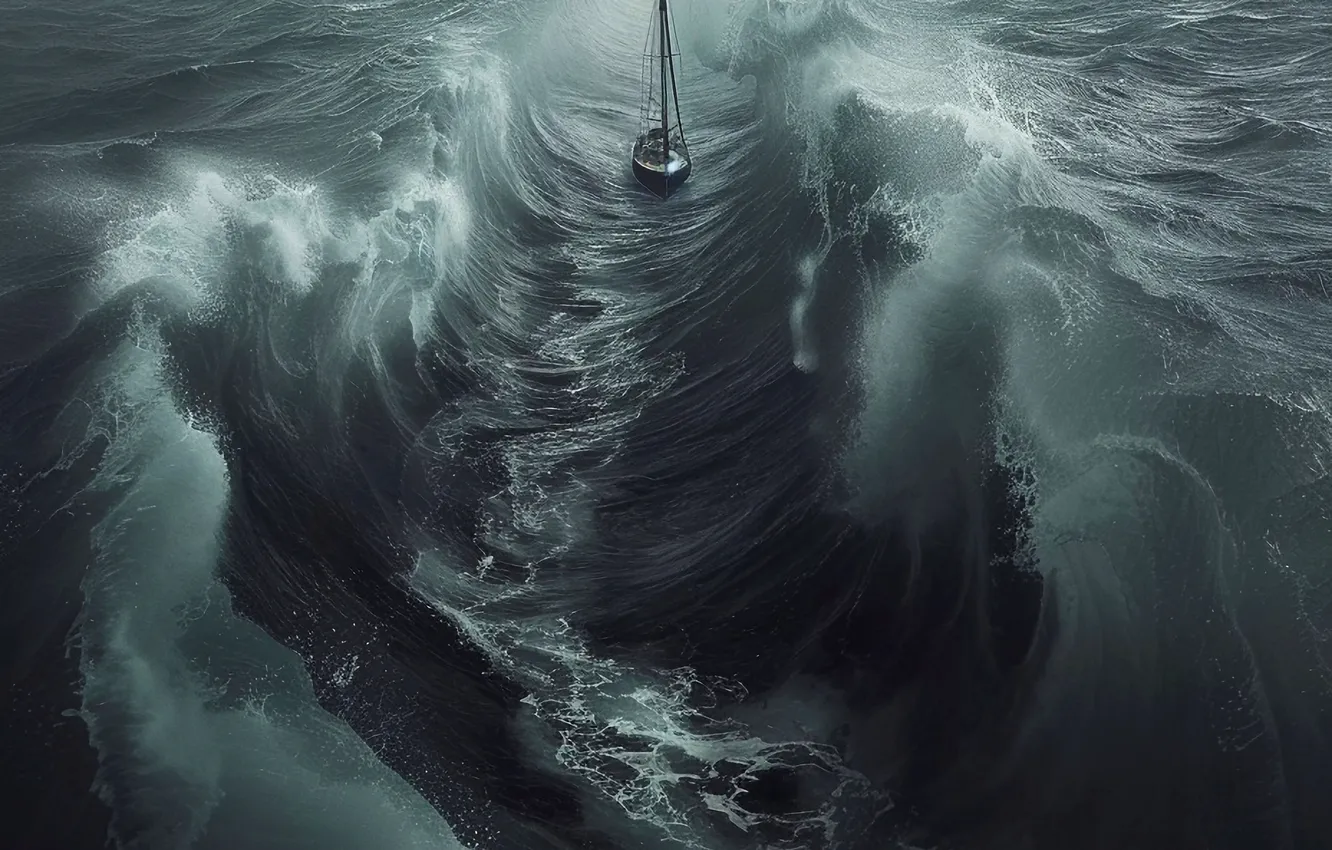 Photo wallpaper Sea, Wave, Yacht, Storm, Digital art, AI art, The Art of Artificial Intelligence, Neural network