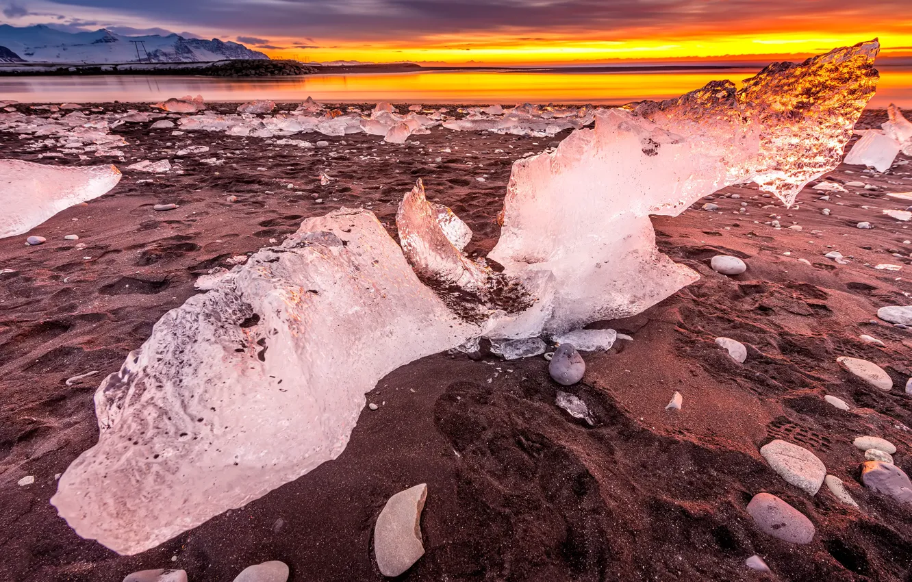 Photo wallpaper ice, winter, sand, the sky, clouds, landscape, sunset, mountains