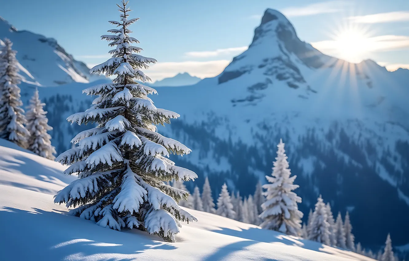 Photo wallpaper winter, forest, snow, mountains, tree, forest, landscape, nature