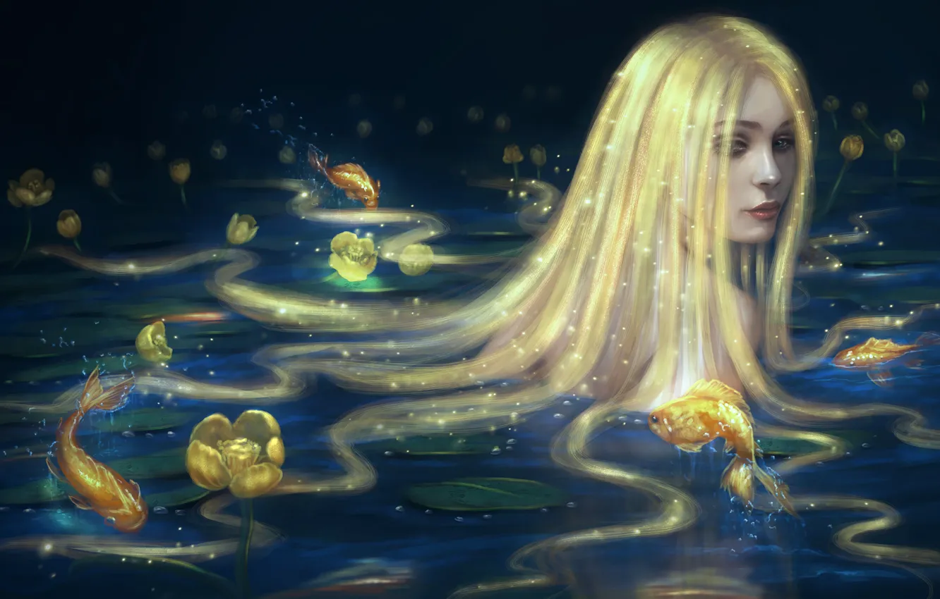 Photo wallpaper look, water, girl, fish, mermaid, art, long hair, gold