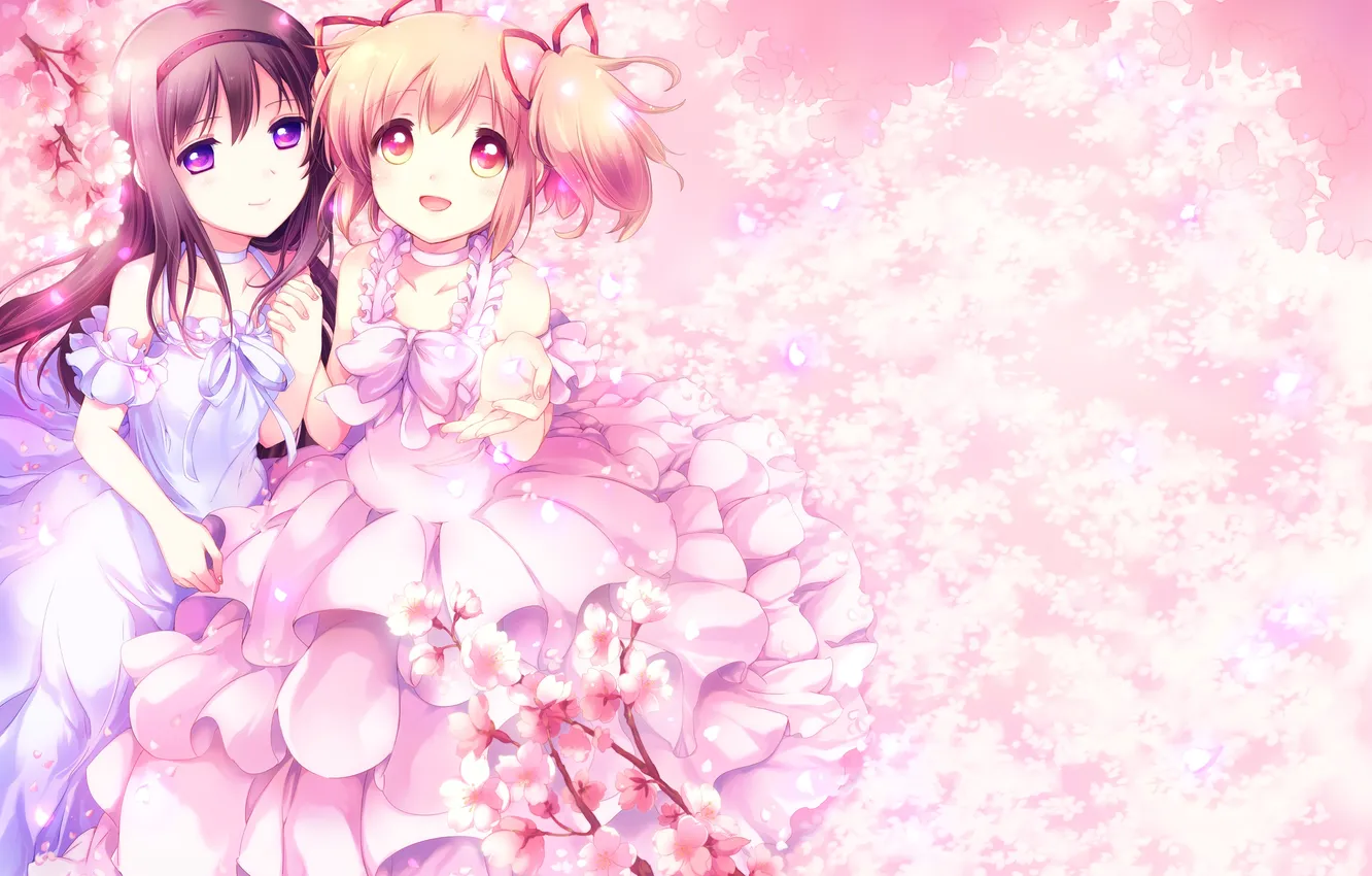 Photo wallpaper look, girl, trees, flowers, smile, foliage, petals, Sakura