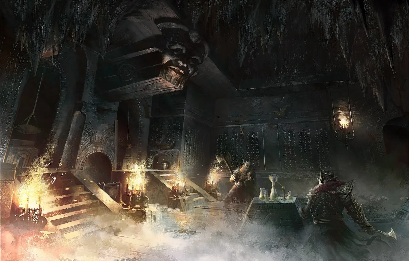 Photo wallpaper castle, war, art, temple, torch, cave, ruins, battle