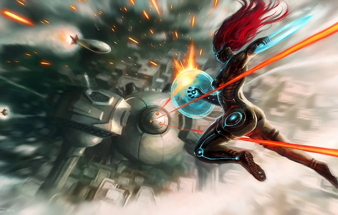 Photo wallpaper girl, rays, flight, the city, shot, art, costume, laser