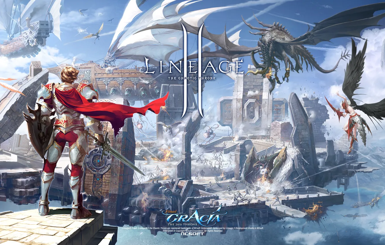 Photo wallpaper dragon, people, ship, sword, battle, lineage 2, shield, cloak