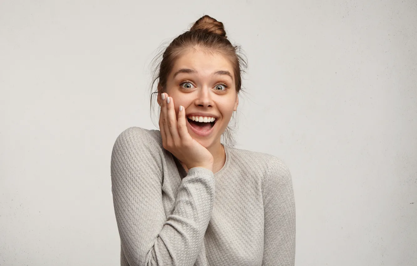 Photo wallpaper joy, surprise, light background, beautiful girl, adorable, Beautyful, I want it, Surprised Girl