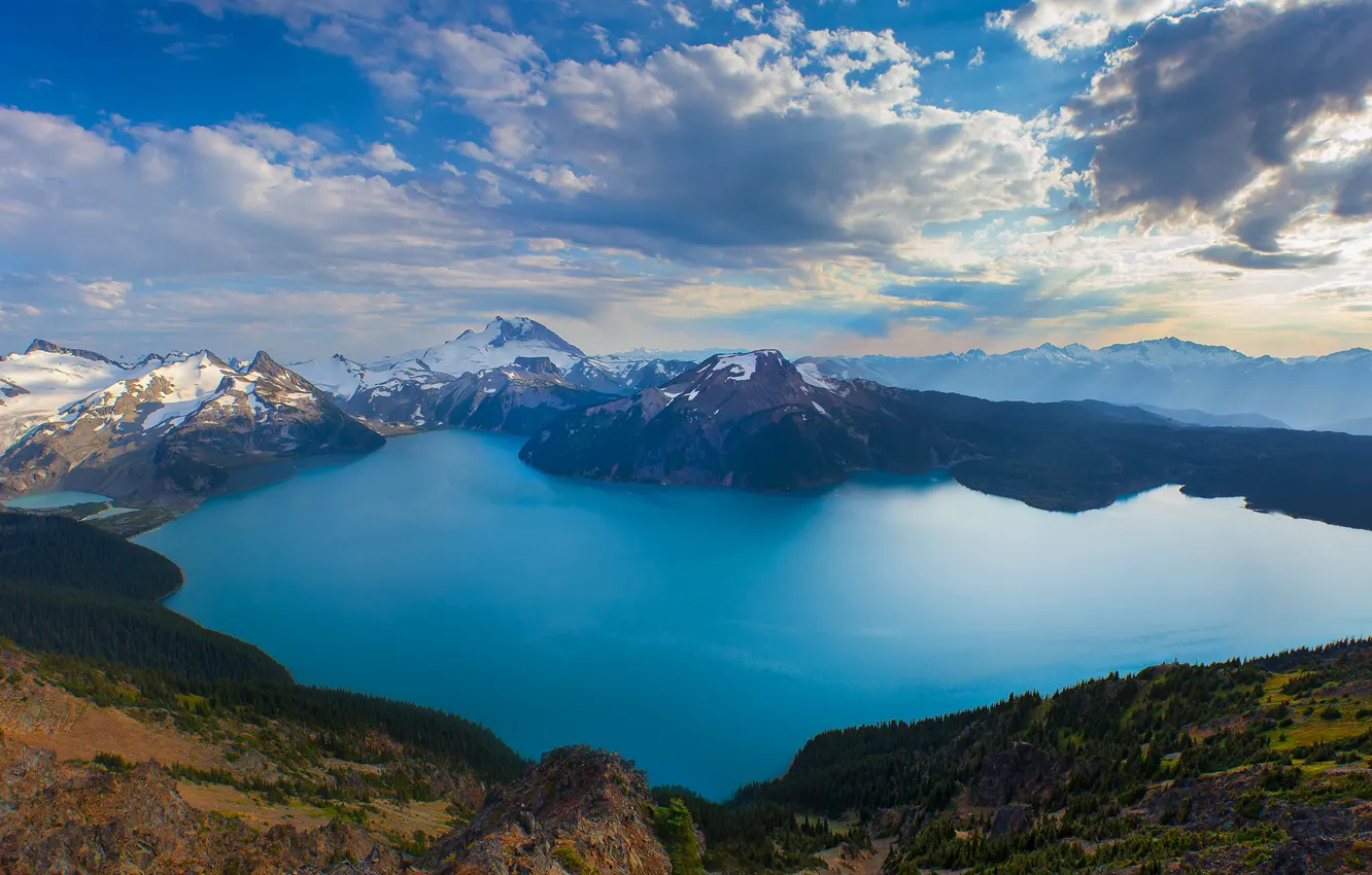 Photo wallpaper the sky, clouds, snow, mountains, lake, crater, Canada, British Columbia