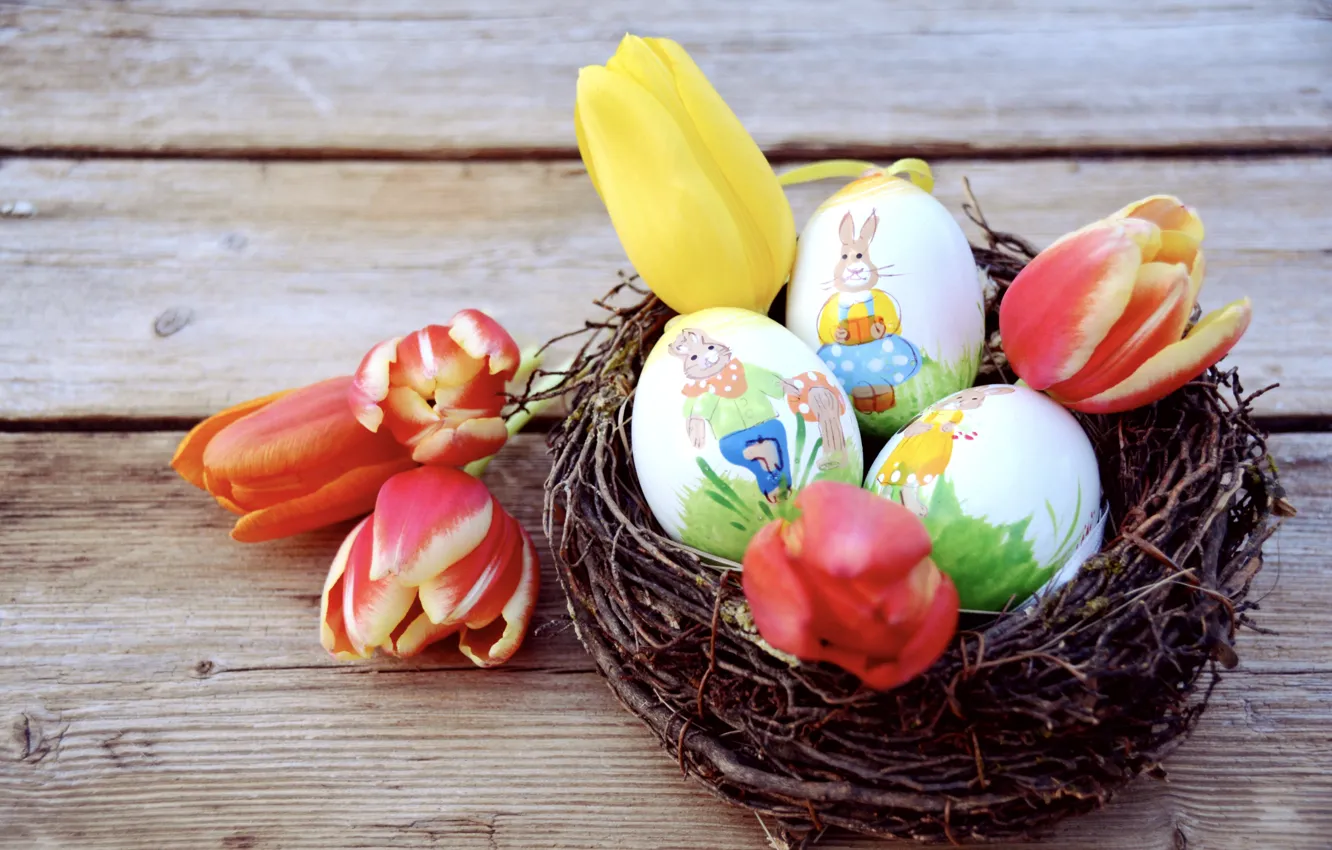 Photo wallpaper Easter, tulips, wood, tulips, spring, Easter, eggs, decoration