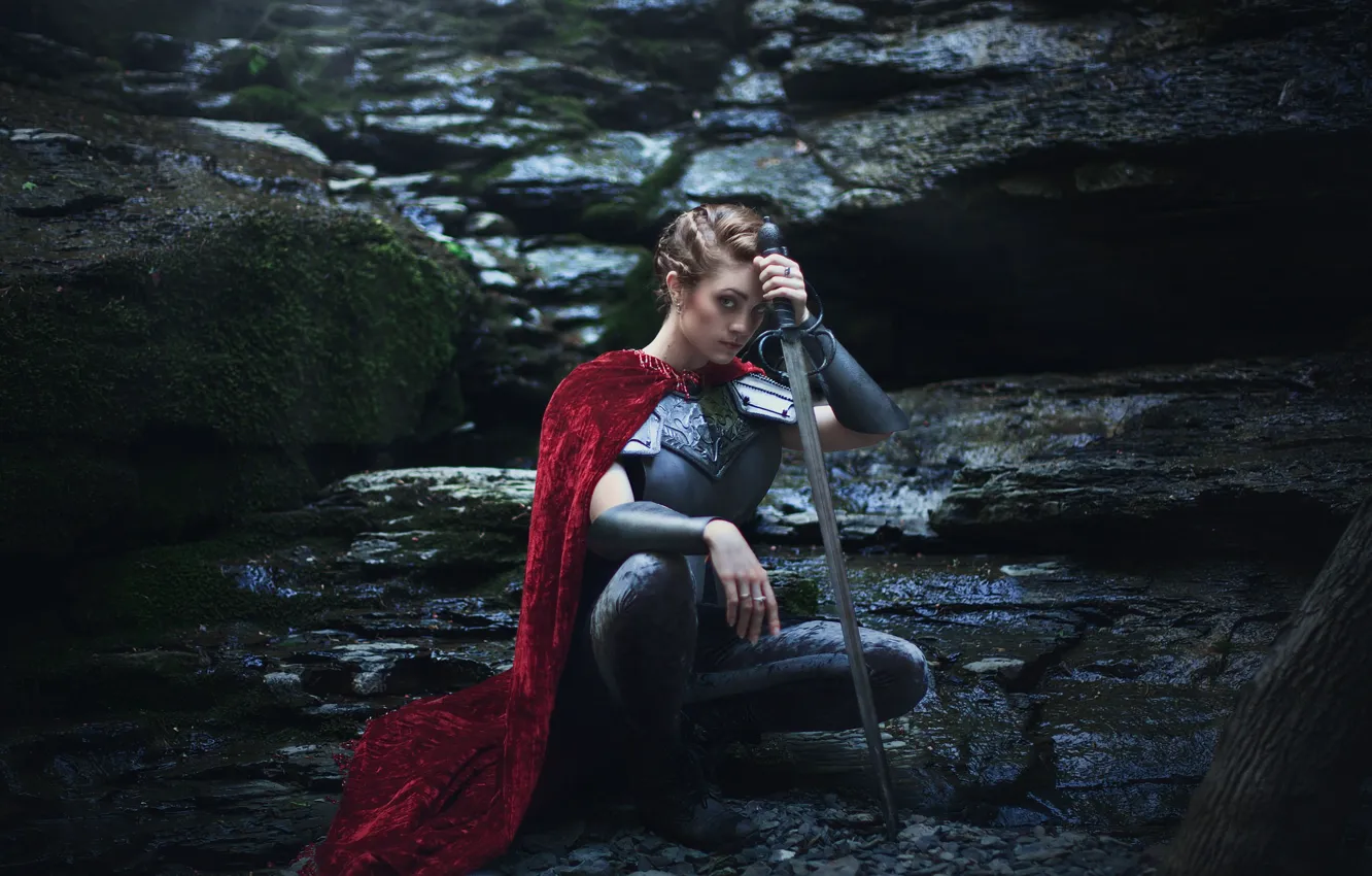 Photo wallpaper girl, stones, background, sword, armor, cloak
