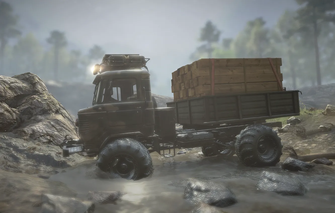 Photo wallpaper lights, HDR, game, trees, stone, wood, rocks, truck