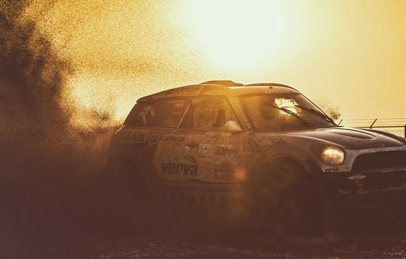 Photo wallpaper Sunset, The sun, Auto, Mini, Sport, Machine, Speed, Race