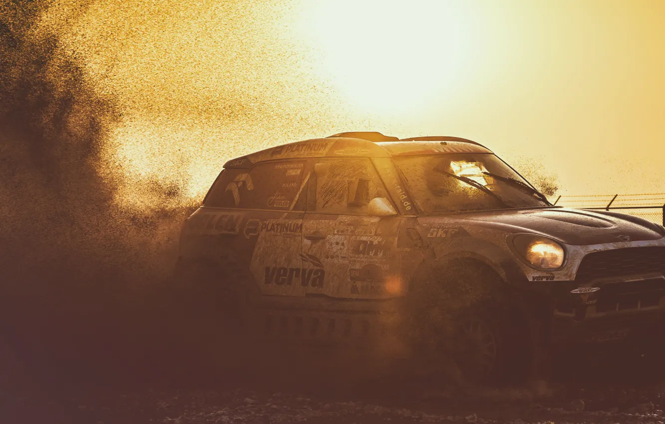 Photo wallpaper machine, auto, the sun, sunset, squirt, dirty, race, sport