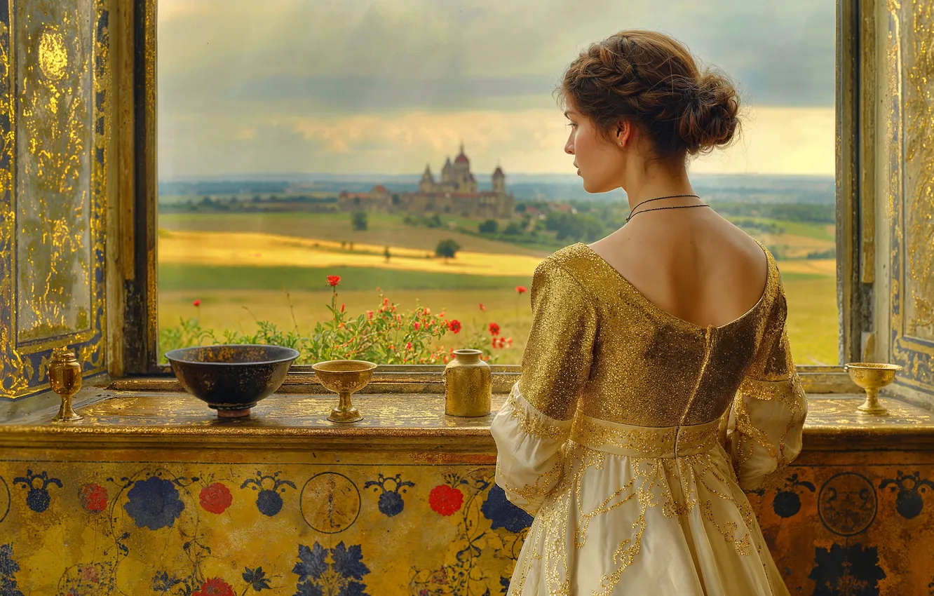 Photo wallpaper girl, window, is back, AI art, neural network