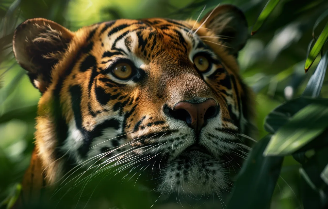 Photo wallpaper look, face, leaves, close-up, nature, tiger, portrait, bokeh