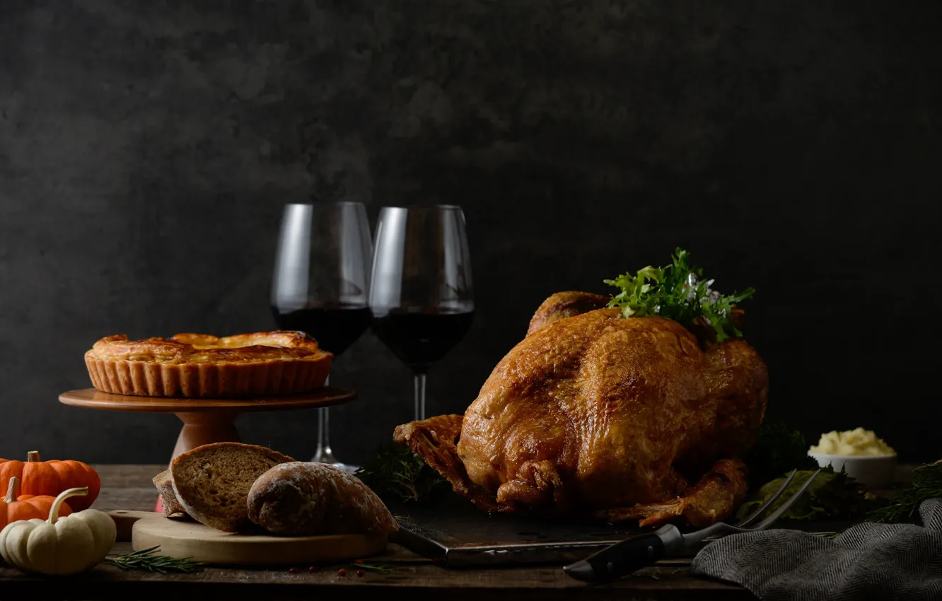 Photo wallpaper wine, glass, chicken, pie