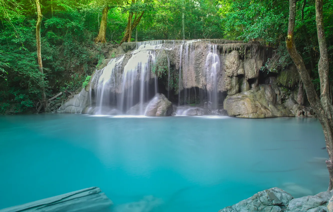 Photo wallpaper forest, landscape, river, rocks, waterfall, summer, forest, tropical