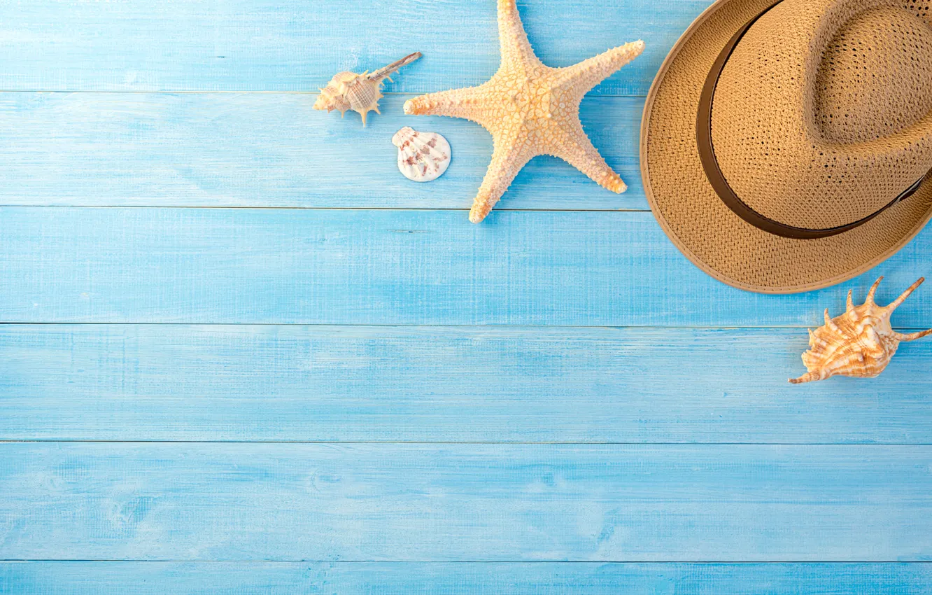 Photo wallpaper summer, background, star, hat, shell, summer, beach, wood