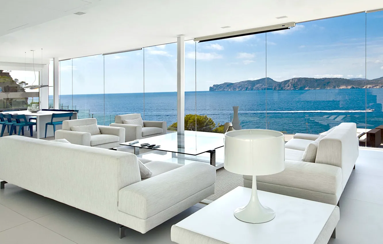 Photo wallpaper Villa, interior, Spain, sea view, living room, dining room, Mallorca, Gold Villa