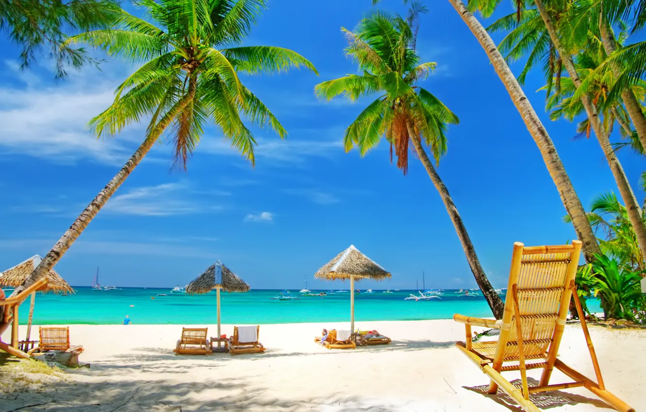 Photo wallpaper sand, sea, beach, palm trees, stay, umbrellas