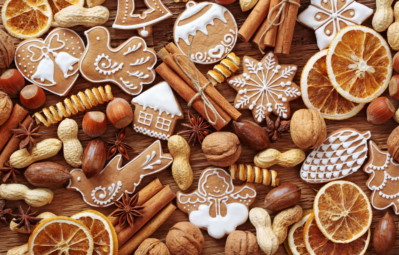 Photo wallpaper New Year, cookies, Christmas, sweets, nuts, cinnamon, Christmas, citrus