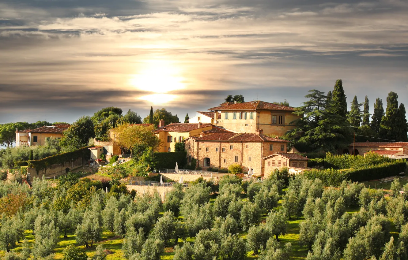 Photo wallpaper the sky, clouds, trees, landscape, sunset, nature, Italy, Tuscany