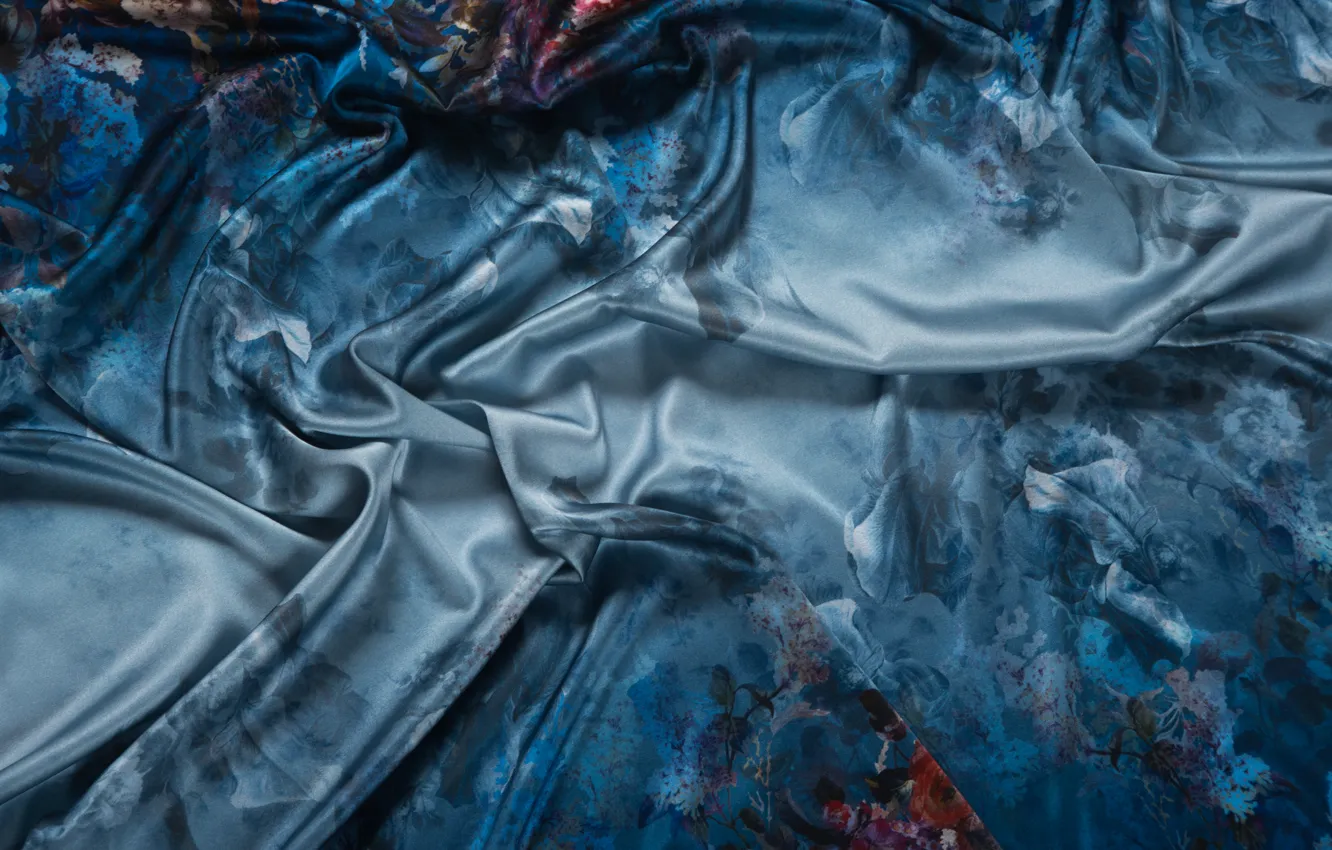 Photo wallpaper wave, flowers, blue, pattern, fabric, folds, silk, textiles