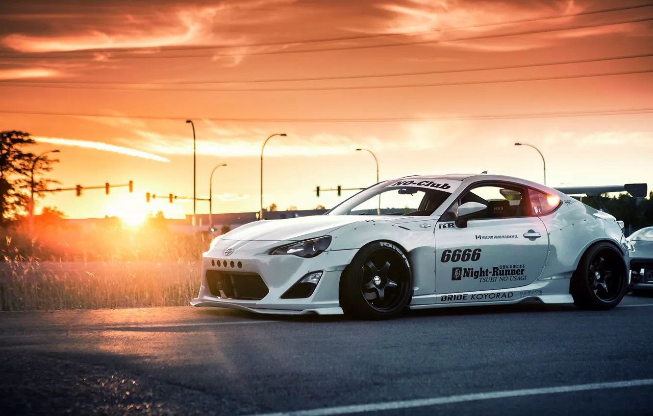 Photo wallpaper car, sunset, white, tuning, sun, toyota gt86