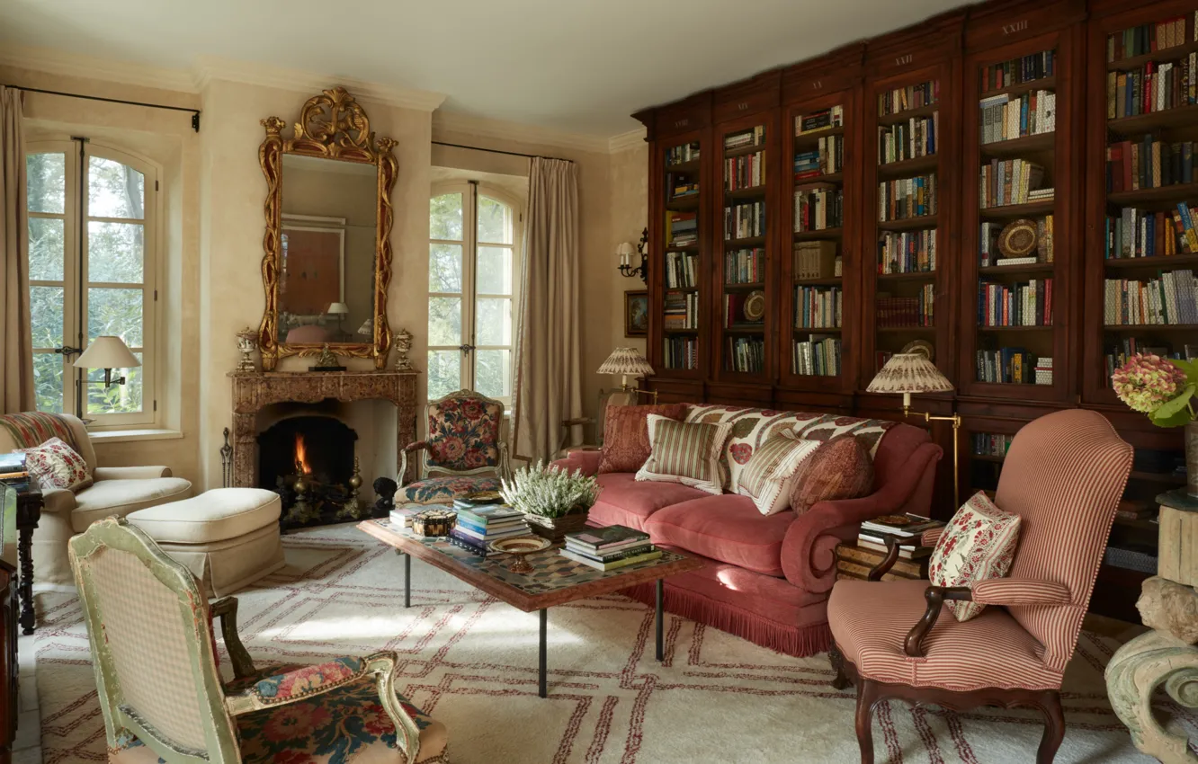 Photo wallpaper style, interior, fireplace, library, living room, Williams home