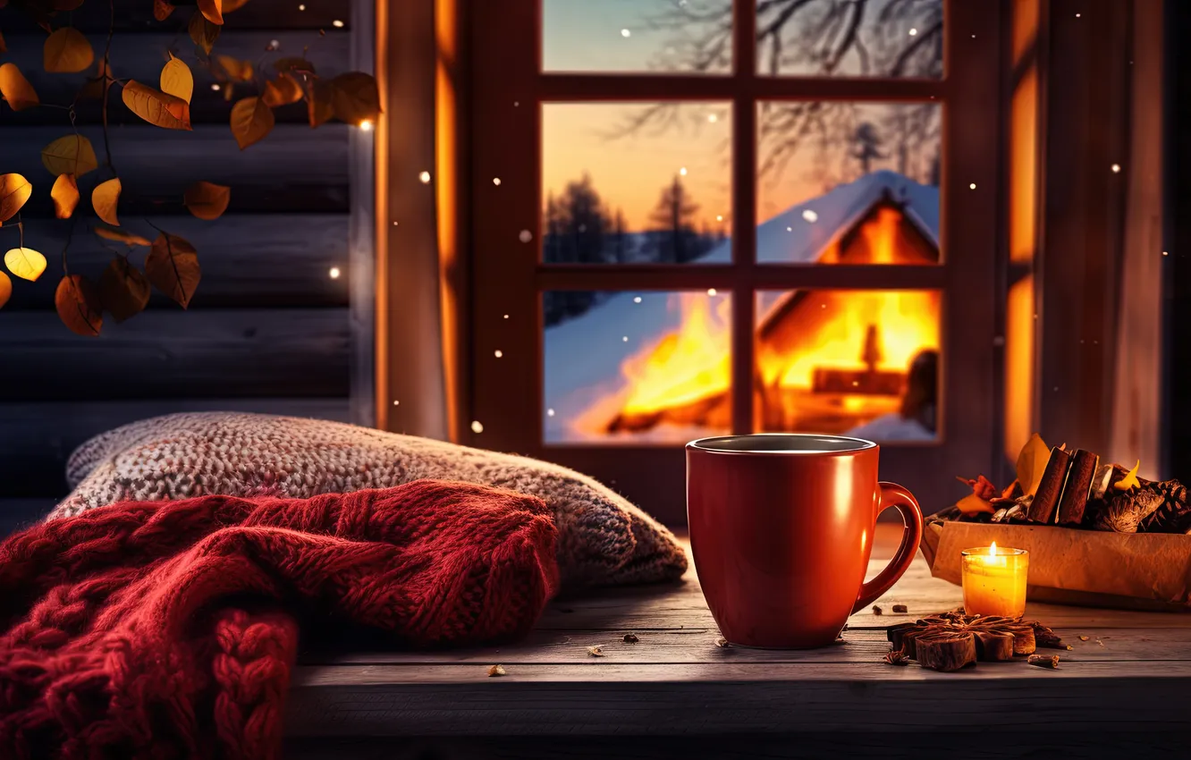 Photo wallpaper winter, snow, nature, comfort, fire, the evening, candles, window