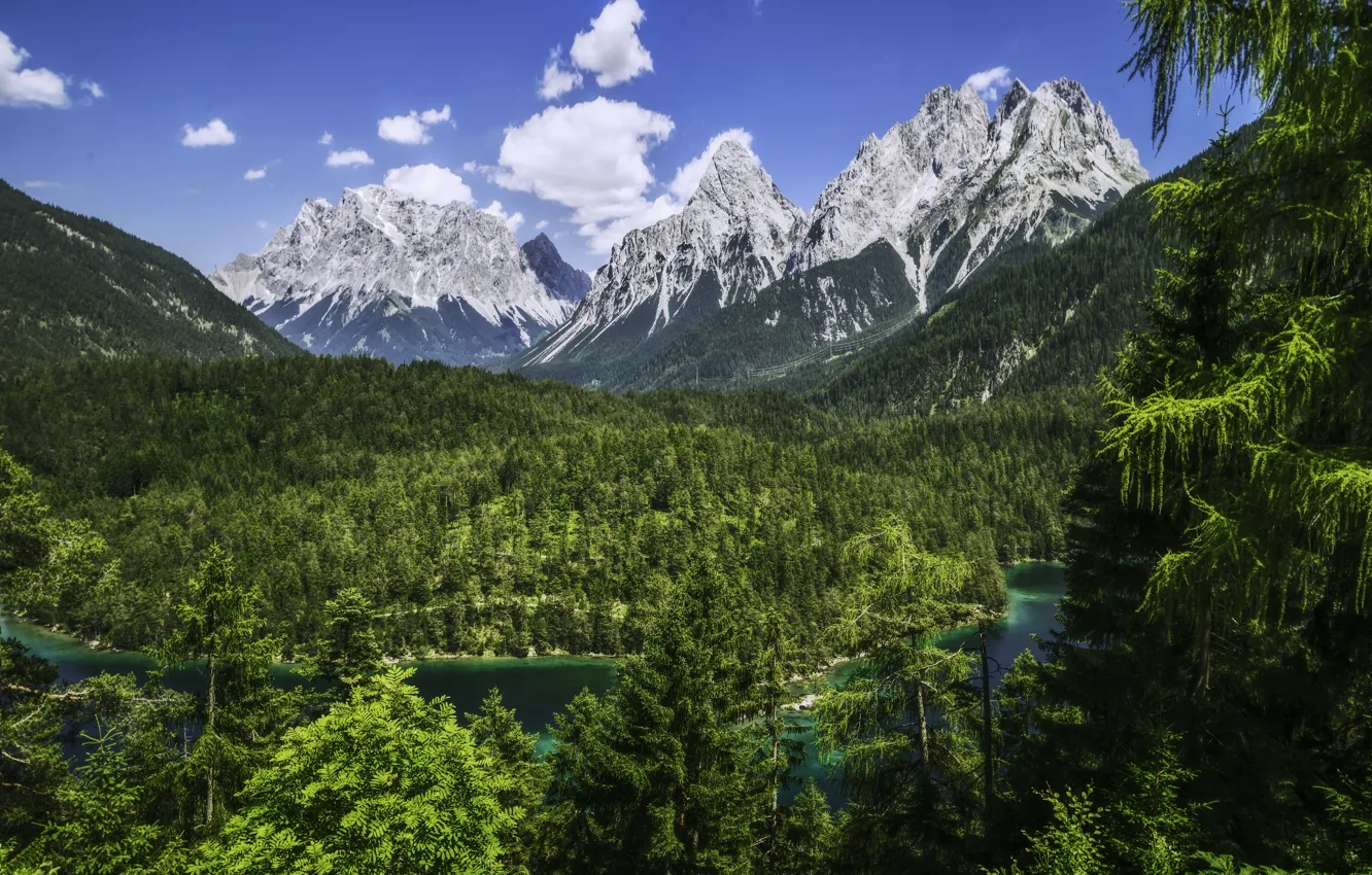 Photo wallpaper forest, mountains, river, Germany, Bayern, Alps, panorama, Germany
