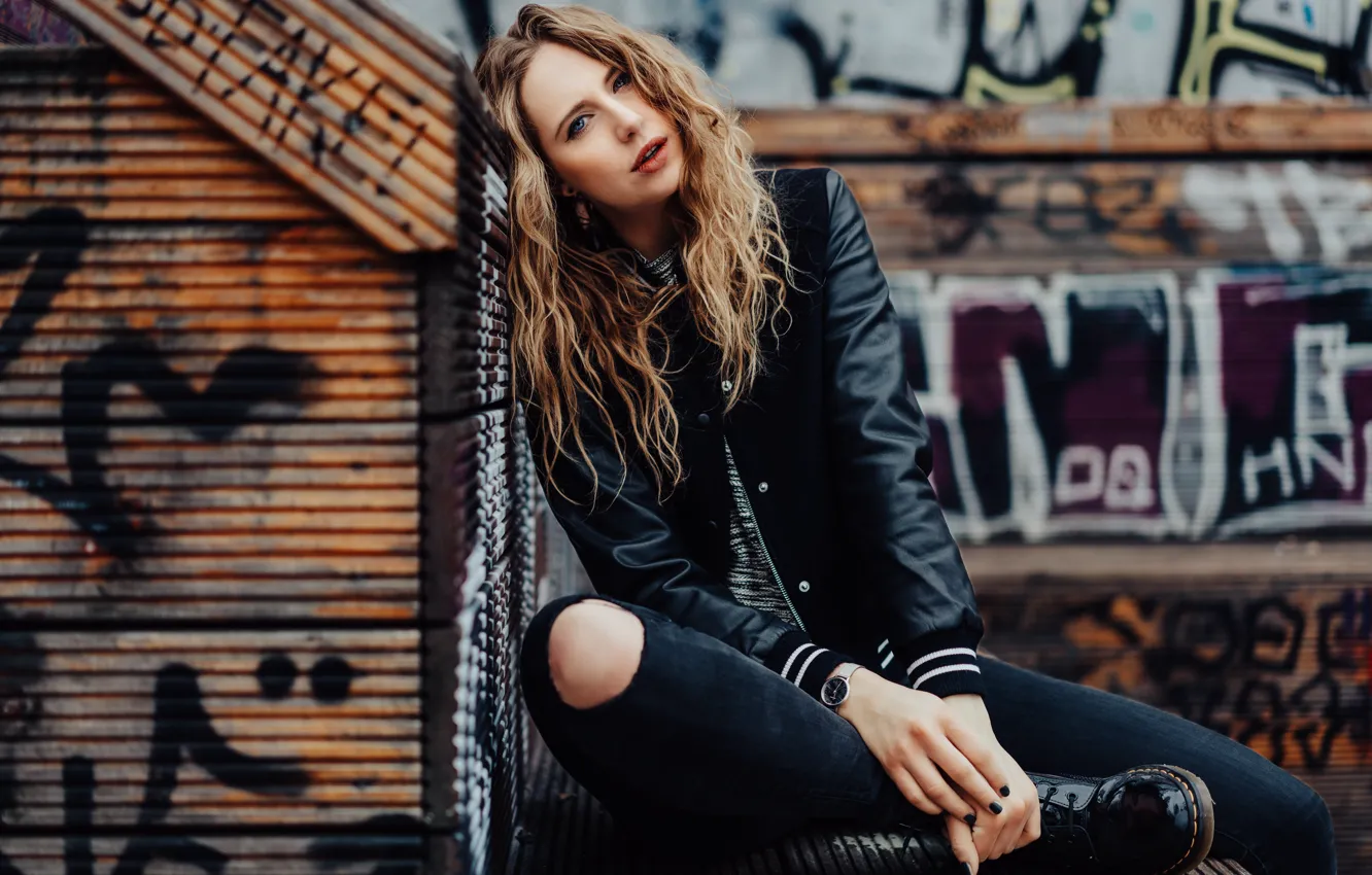 Photo wallpaper girl, pose, wall, graffiti, shoes, hole, brown hair, manicure