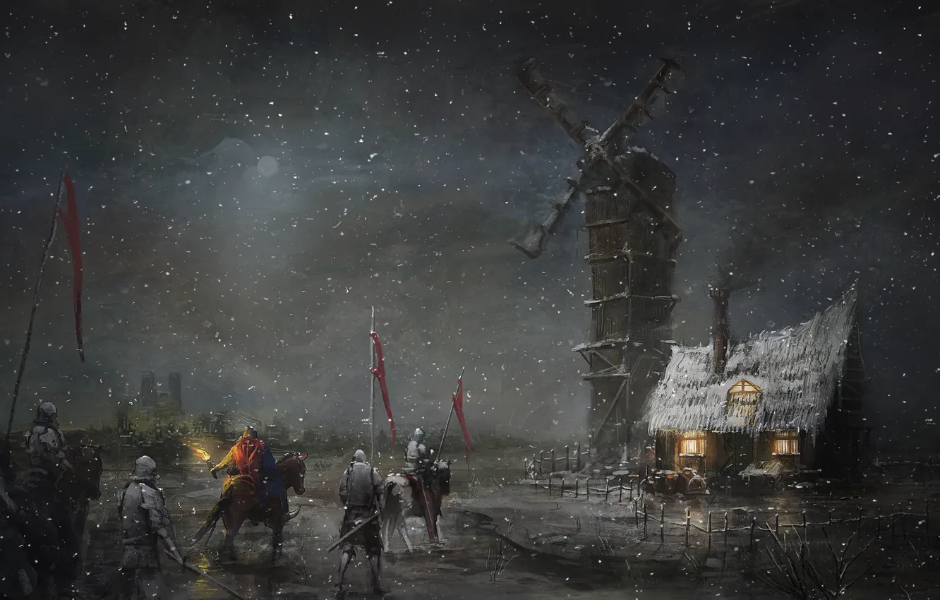 Photo wallpaper snow, night, art, mill, torch, hut, hike, knights