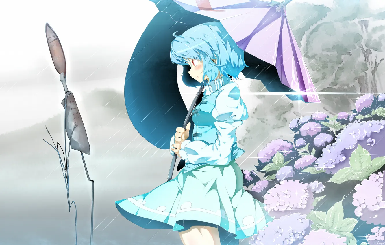 Photo wallpaper girl, flowers, nature, umbrella, rain, art, touhou, tatara kogas the