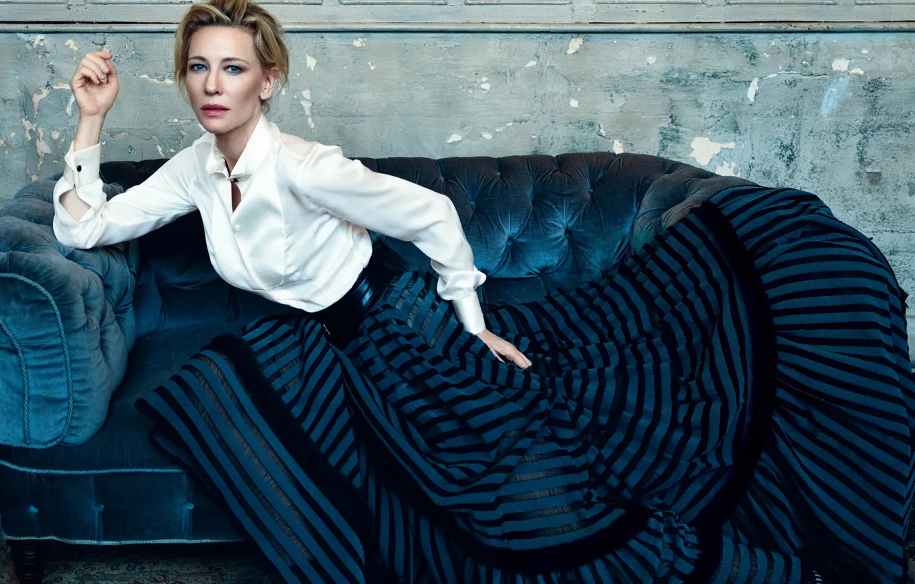 Photo wallpaper sofa, model, dress, actress, hairstyle, blouse, photoshoot, Cate Blanchett