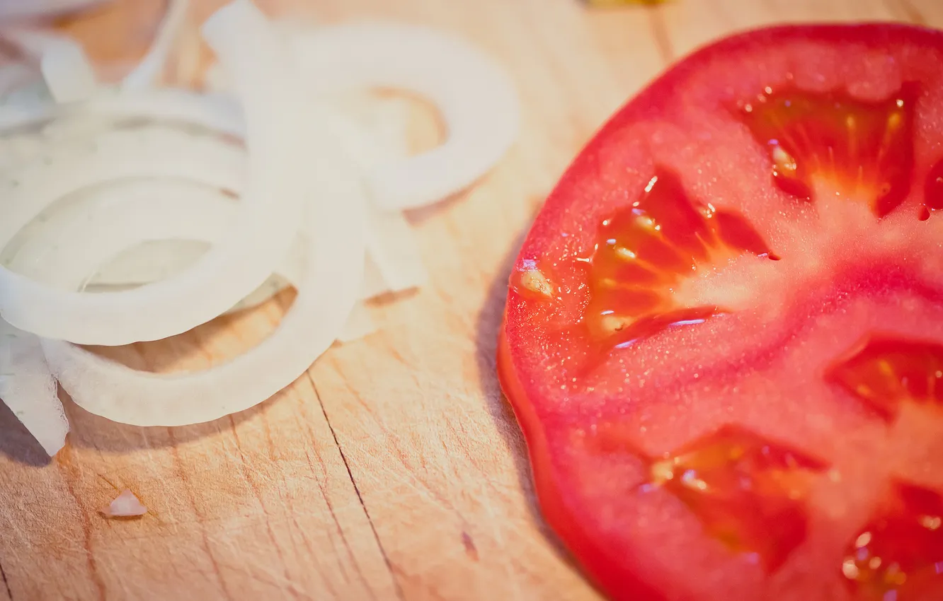 Photo wallpaper Board, bow, tomatoes, tomatoes, slices, slices
