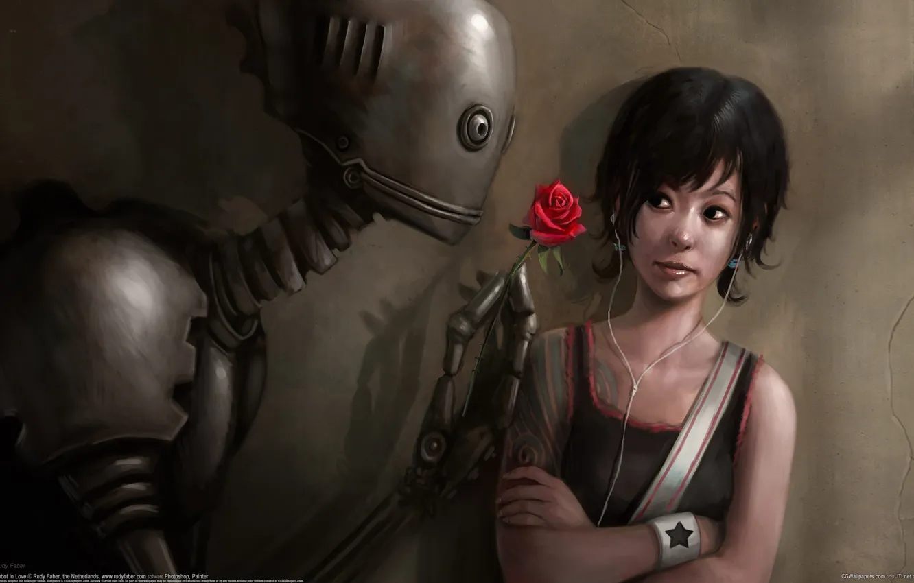 Photo wallpaper girl, flowers, robot, roses, tattoo, player, lovers, rudy faber