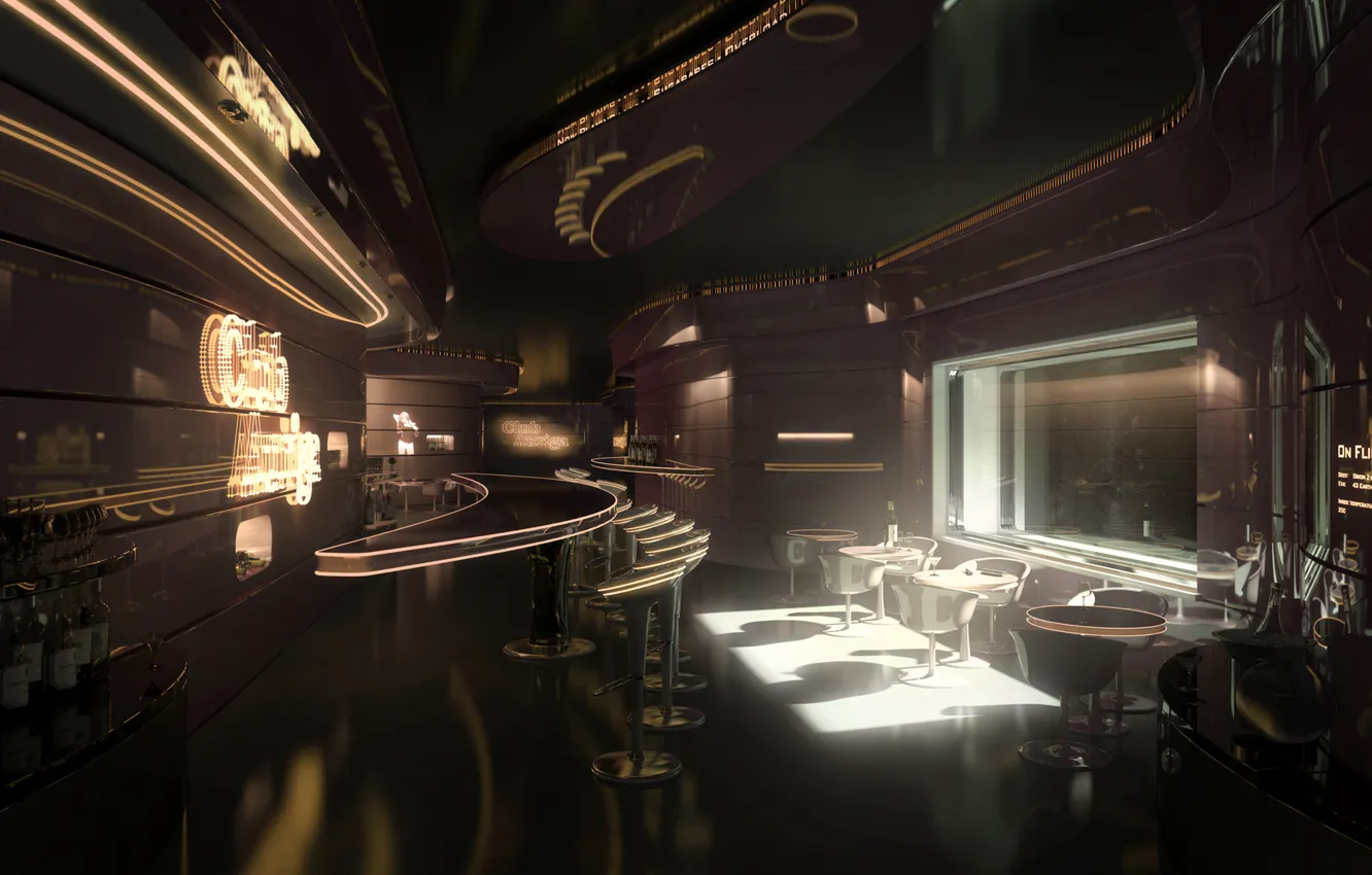 Photo wallpaper girl, bottle, club, neon, bar, chair, stand