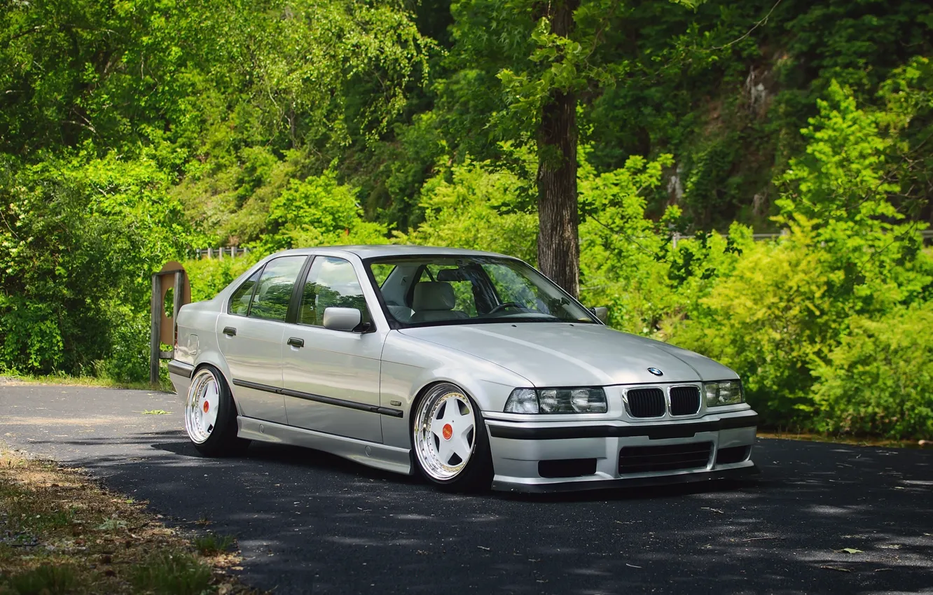 Photo wallpaper BMW, forest, Germany, tuning, low, stance, E36