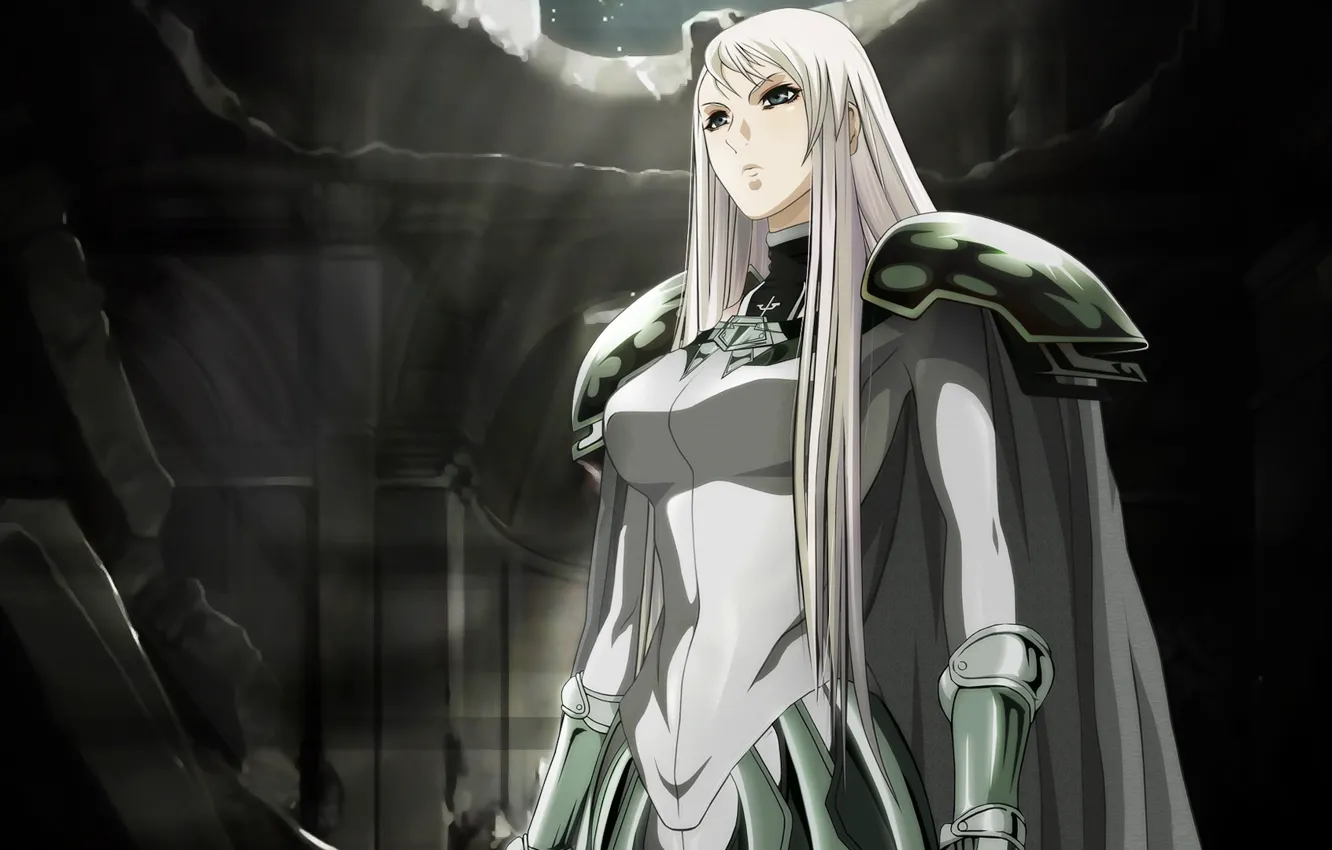 Photo wallpaper armor, destruction, cloak, claymore, galatea, shoulders, long white hair