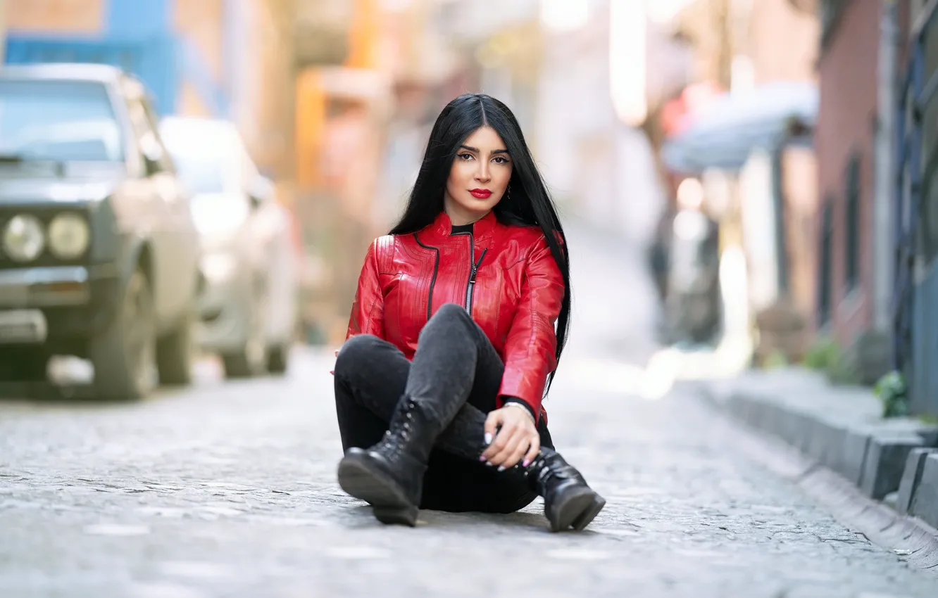 Photo wallpaper road, girl, brunette, jacket