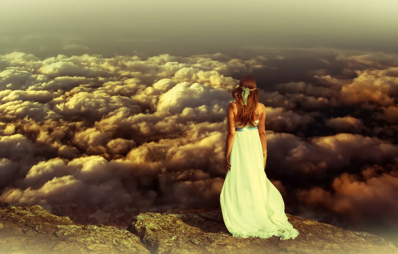 Photo wallpaper girl, clouds, light, nature, fog, stones, open, rocks