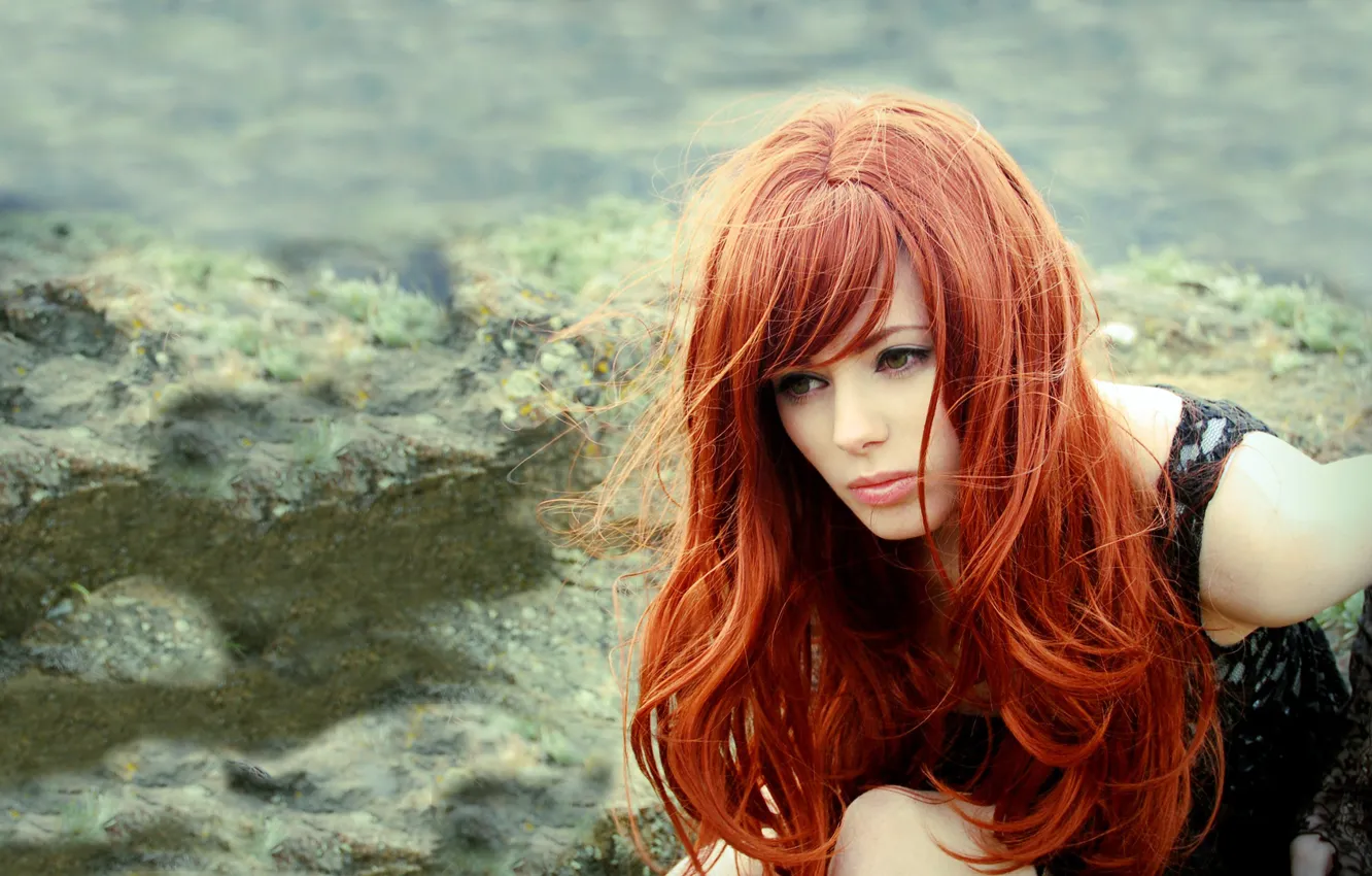 Photo wallpaper girl, face, hair, red
