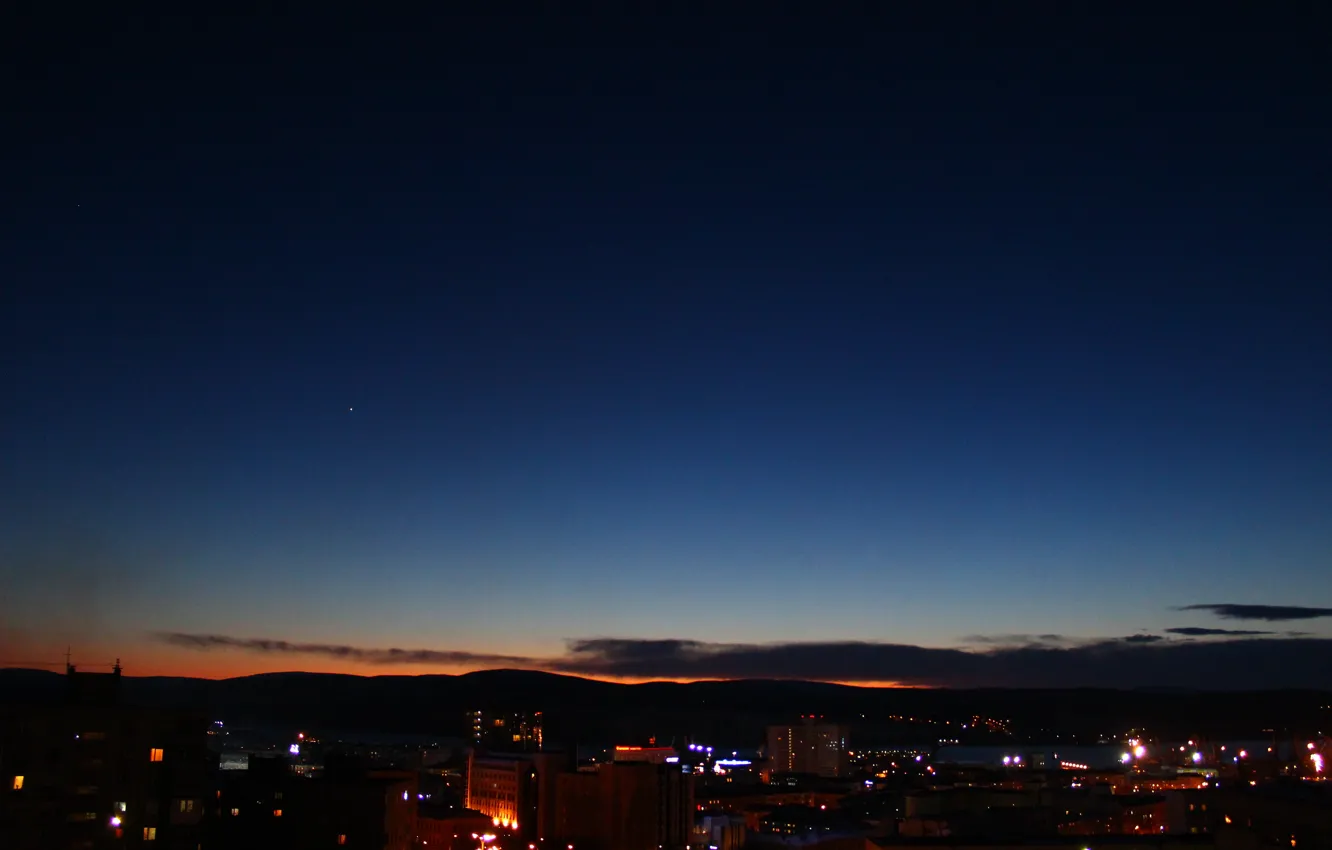 Photo wallpaper the sky, clouds, landscape, sunset, the city, home, hills, Murmansk