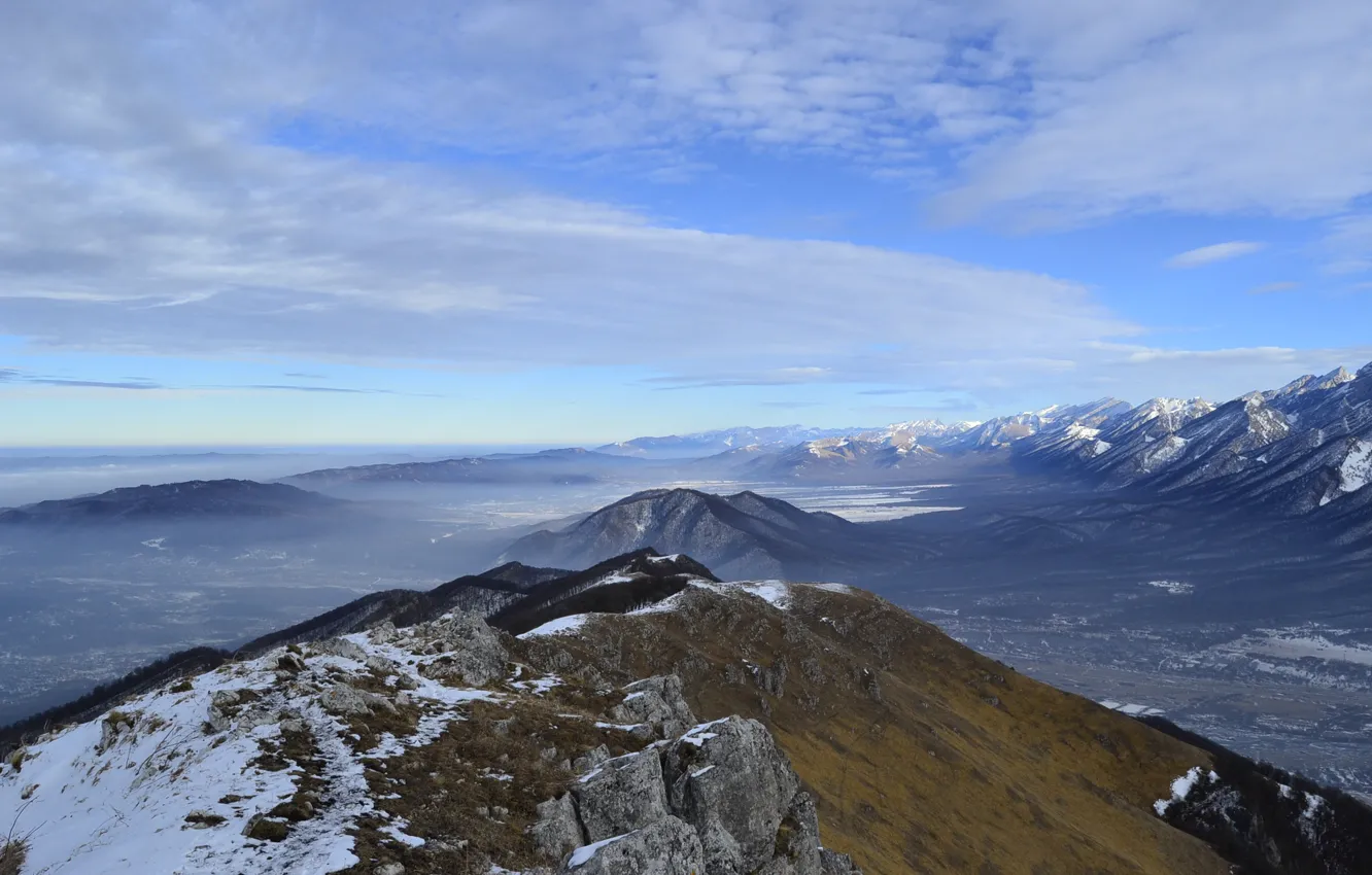 Photo wallpaper the sky, clouds, snow, trees, landscape, mountains, nature, height