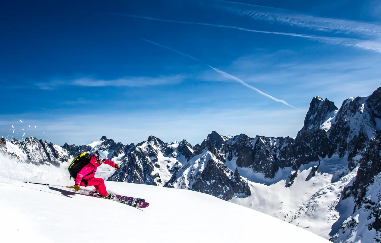 Photo wallpaper winter, the sky, clouds, snow, mountains, ski, skier, extreme sports