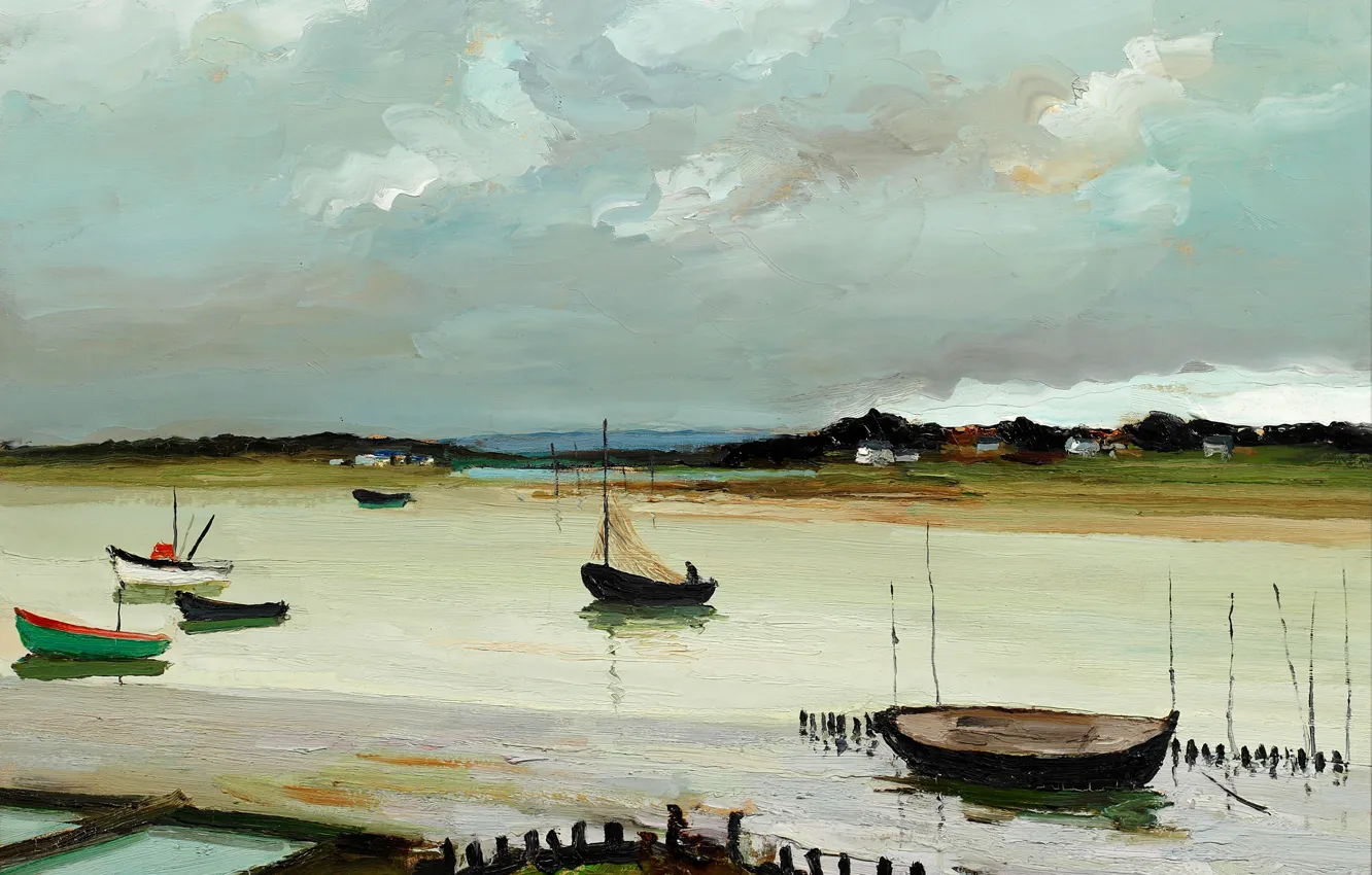 Photo wallpaper landscape, shore, boat, picture, Marseille Dif, Port Navalo, Stormy Day