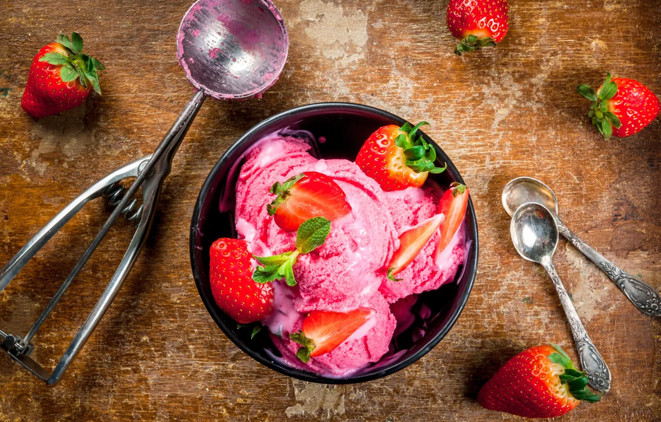 Photo wallpaper berries, strawberry, ice cream, mint, dessert, strawberry, ice cream