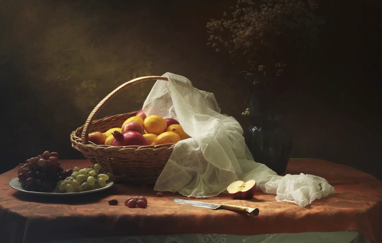 Photo wallpaper lemon, still life, basket, garnet