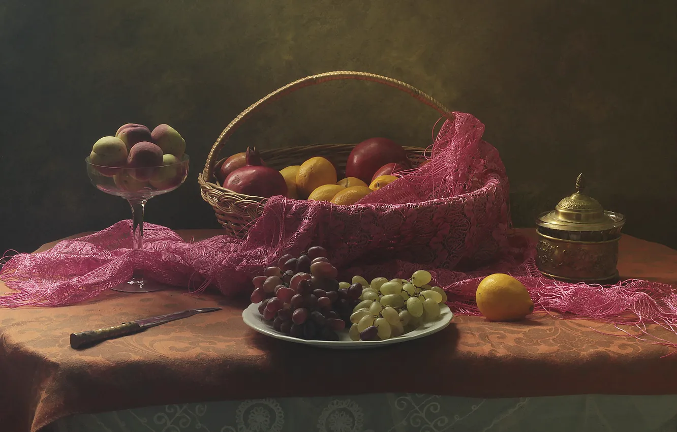 Photo wallpaper table, lemon, grapes, knife, fruit, still life, basket, peaches