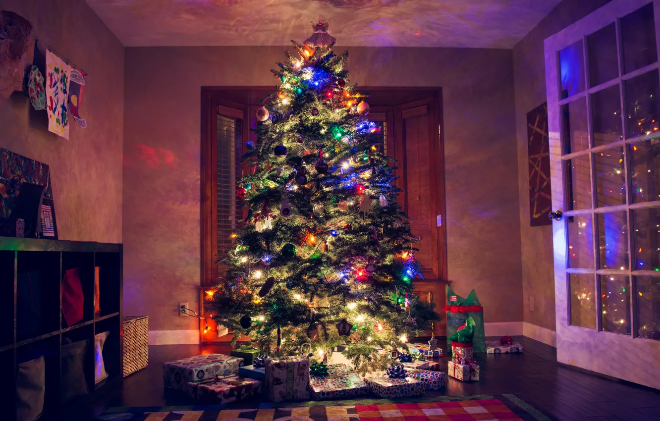 Photo wallpaper lights, room, tree, new year